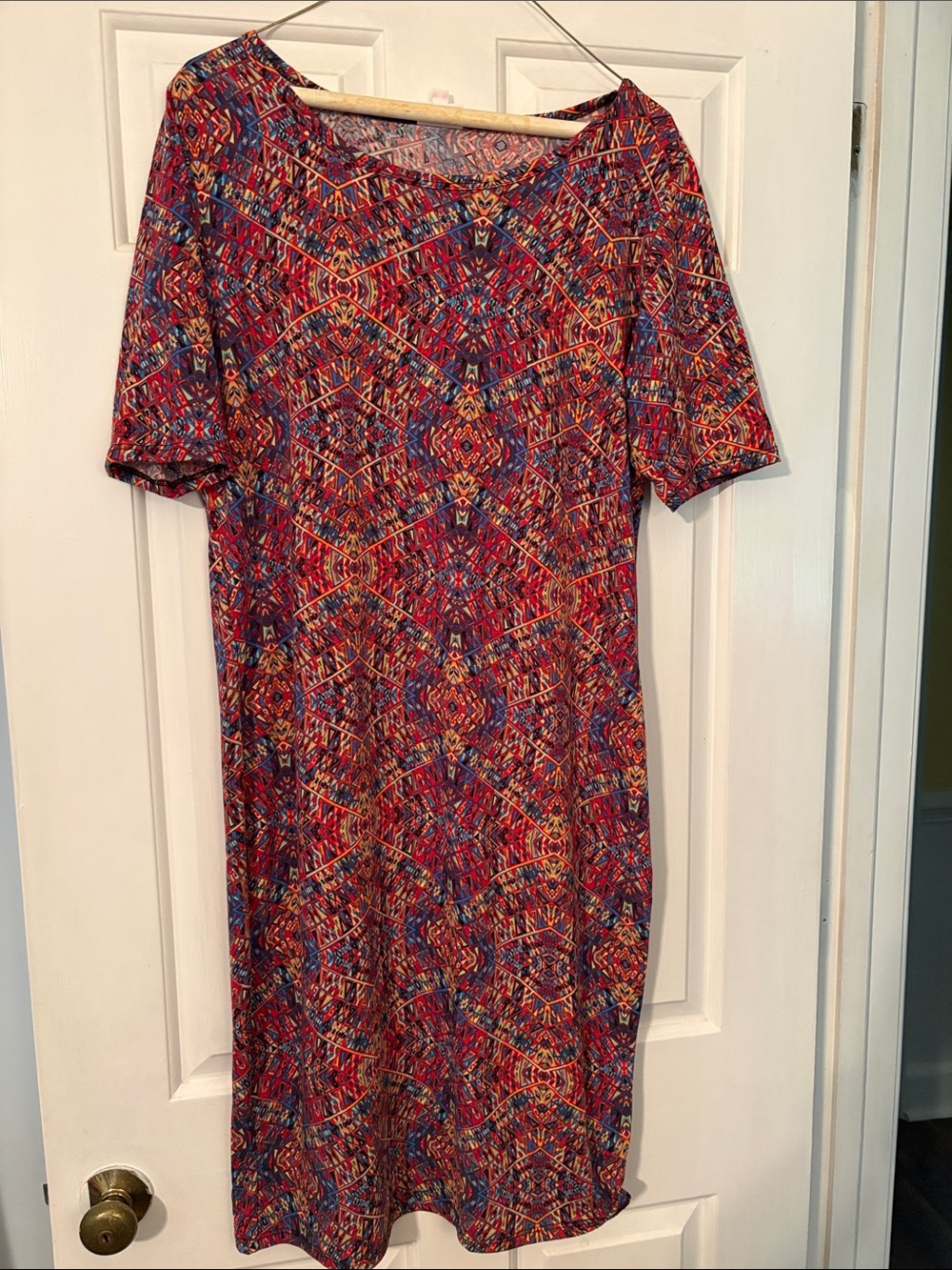 LuLaRoe Multicolor Red Blue Geometric Midi Dress